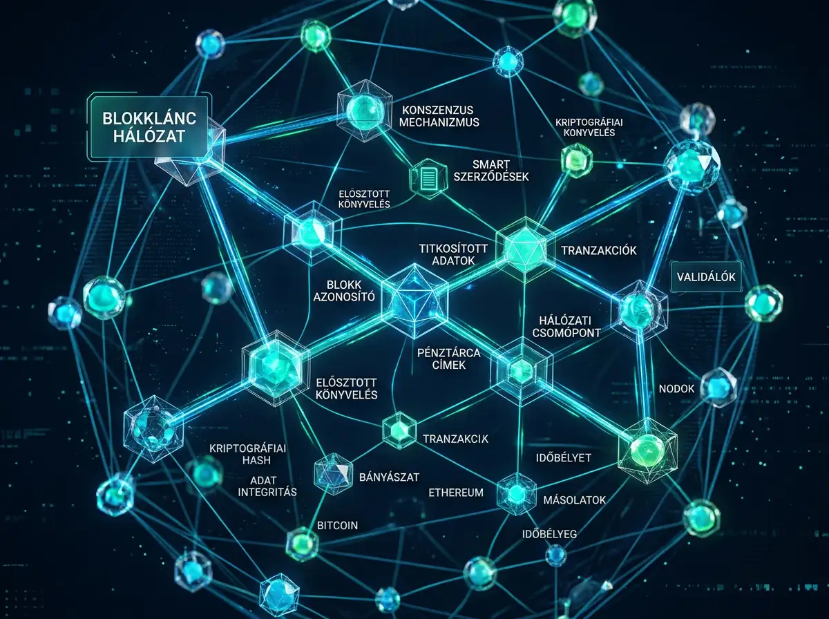 Vizualizacija blockchain mreže s povezanim čvorovima na tamnoj pozadini