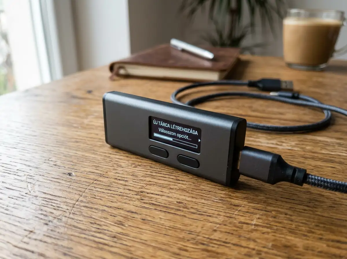 Hardware kripto novčanik s USB kabelom položen na drvenom stolu