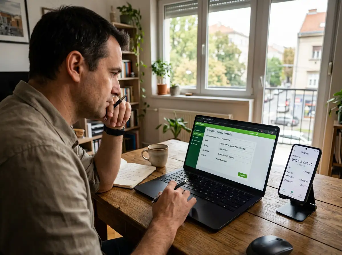 Hrvatski kupac obavlja SEPA prijenos eura na laptopu pored kave i mobilne aplikacije za kripto-kupnju