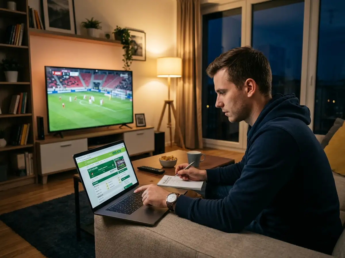 Kladilac prati nogometnu utakmicu uživo na televizoru i koeficijente na laptopu istovremeno