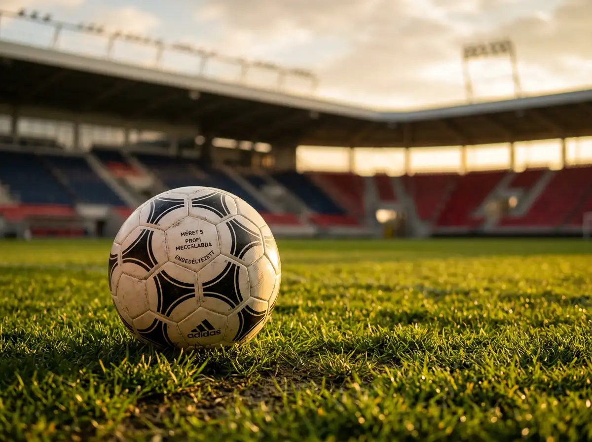Nogometna lopta na zelenoj travi nogometnog stadiona pri zalasku sunca