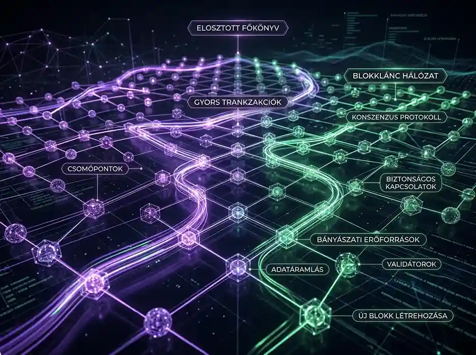 Apstraktna vizualizacija brze blockchain mreže s ljubičasto-zelenim svjetlosnim tragovima