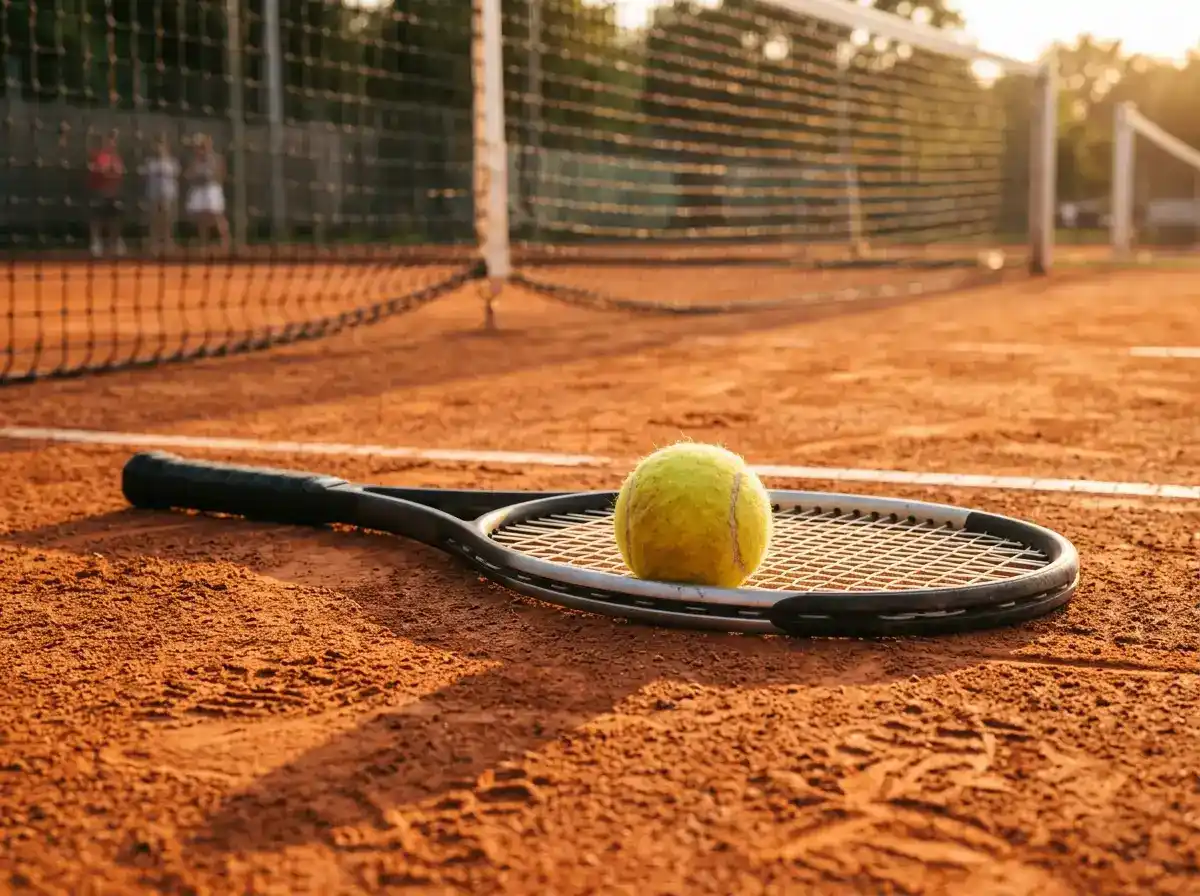 Žuta teniska loptica i tenis reket na zemljanom terenu